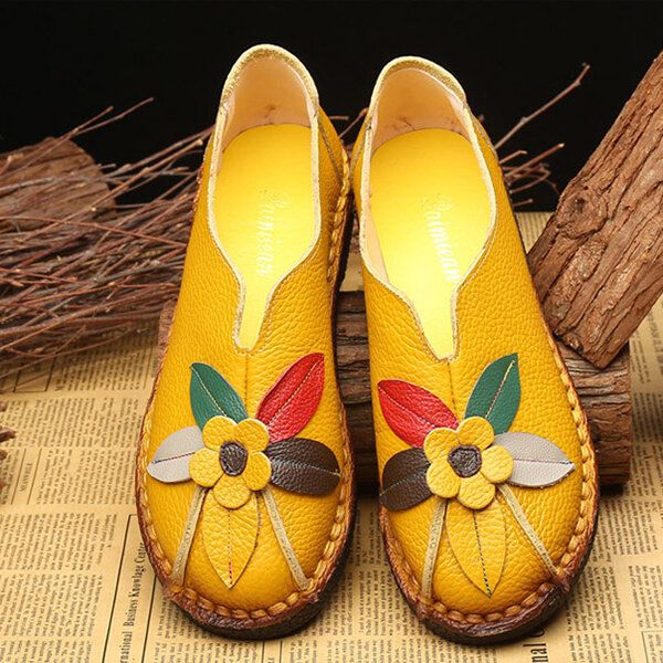 Mocasines Planos De Flores Informales De Suela Suave De Cuero Genuino Retro