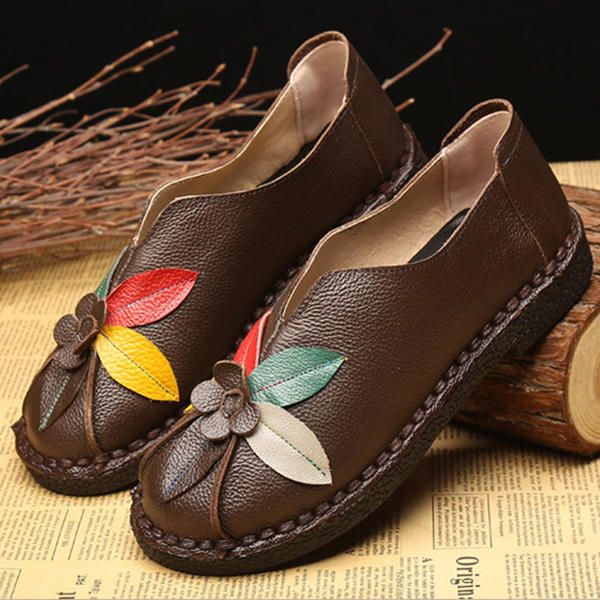 Mocasines Planos De Flores Informales De Suela Suave De Cuero Genuino Retro