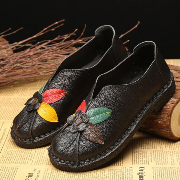 Mocasines Planos De Flores Informales De Suela Suave De Cuero Genuino Retro