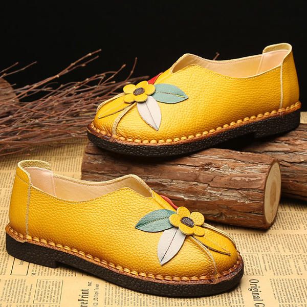 Mocasines Planos De Flores Informales De Suela Suave De Cuero Genuino Retro