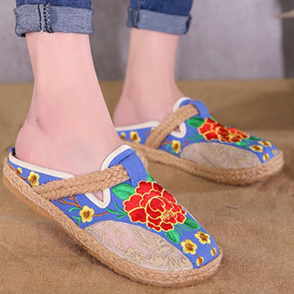 Mocasines Planos De Flores De Lino Con Punta Redonda Para Mujer