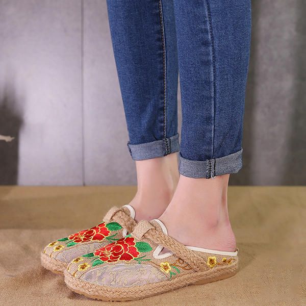 Mocasines Planos De Flores De Lino Con Punta Redonda Para Mujer