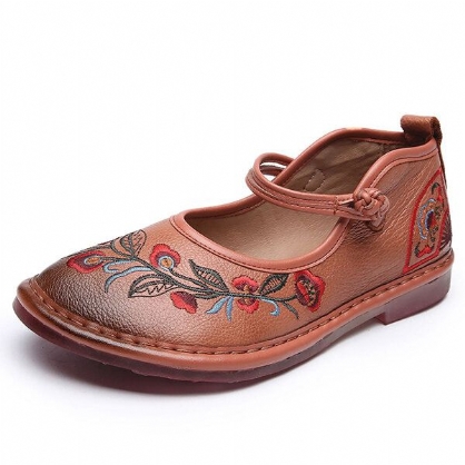 Mocasines Planos Hechos A Mano Retro De Cuero Genuino Con Flores