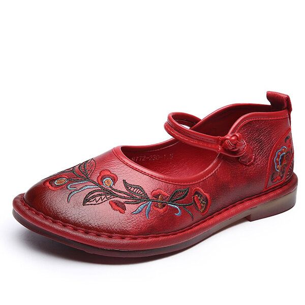 Mocasines Planos Hechos A Mano Retro De Cuero Genuino Con Flores