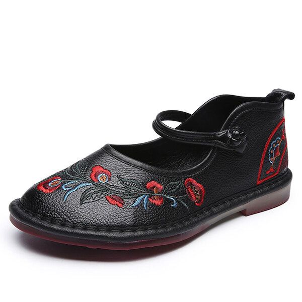 Mocasines Planos Hechos A Mano Retro De Cuero Genuino Con Flores