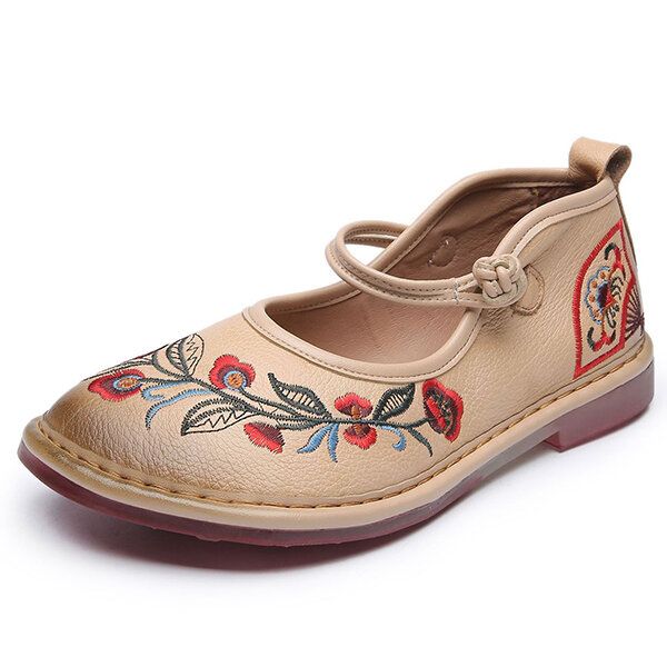 Mocasines Planos Hechos A Mano Retro De Cuero Genuino Con Flores