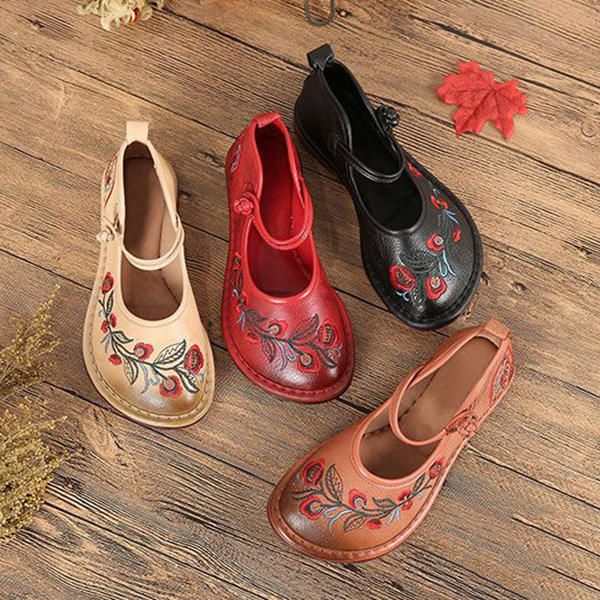 Mocasines Planos Hechos A Mano Retro De Cuero Genuino Con Flores