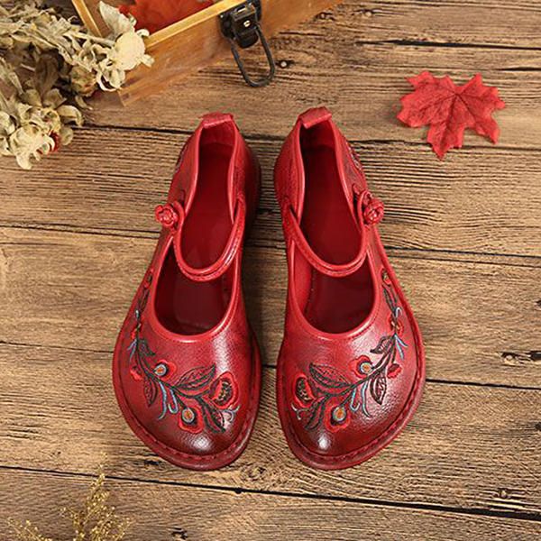 Mocasines Planos Hechos A Mano Retro De Cuero Genuino Con Flores