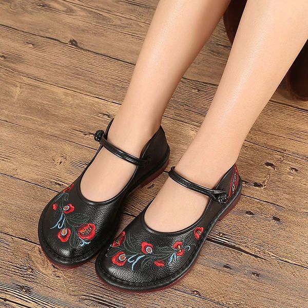 Mocasines Planos Hechos A Mano Retro De Cuero Genuino Con Flores