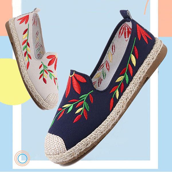 Mocasines Planos De Tela Con Flores Bordadas Casuales Para Mujer