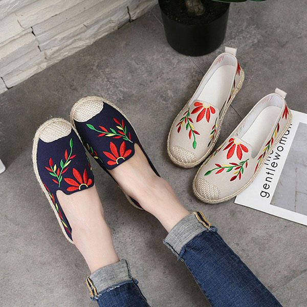 Mocasines Planos De Tela Con Flores Bordadas Casuales Para Mujer