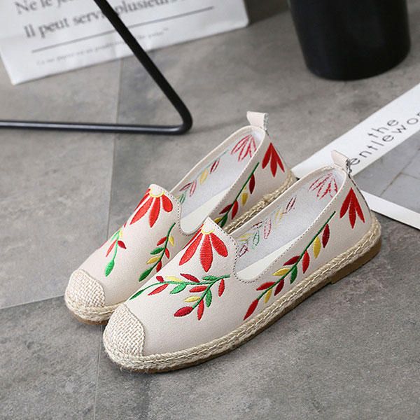 Mocasines Planos De Tela Con Flores Bordadas Casuales Para Mujer