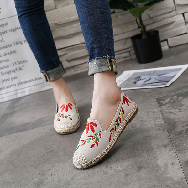 Mocasines Planos De Tela Con Flores Bordadas Casuales Para Mujer