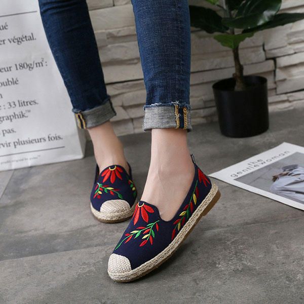 Mocasines Planos De Tela Con Flores Bordadas Casuales Para Mujer