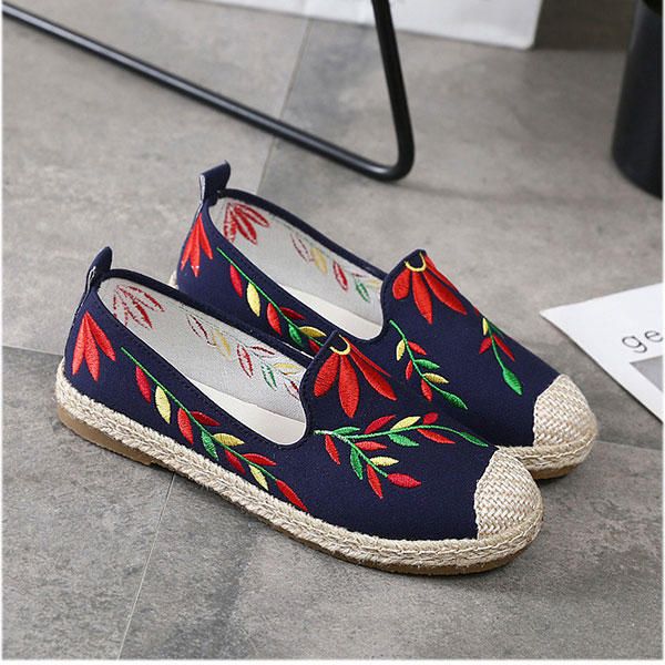 Mocasines Planos De Tela Con Flores Bordadas Casuales Para Mujer