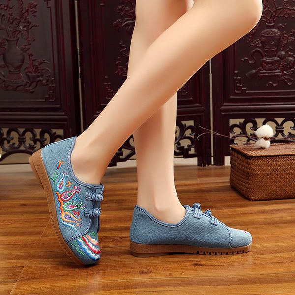 Mocasines Planos De Tela Retro Casual Con Bordado De Mujer