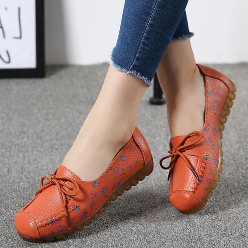 Mujeres Bowknot Flores Impresión Cómodo Antideslizante Suela Suave Casual Mocasines De Cuero