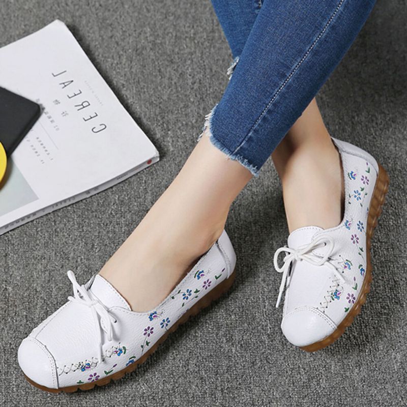 Mujeres Bowknot Flores Impresión Cómodo Antideslizante Suela Suave Casual Mocasines De Cuero