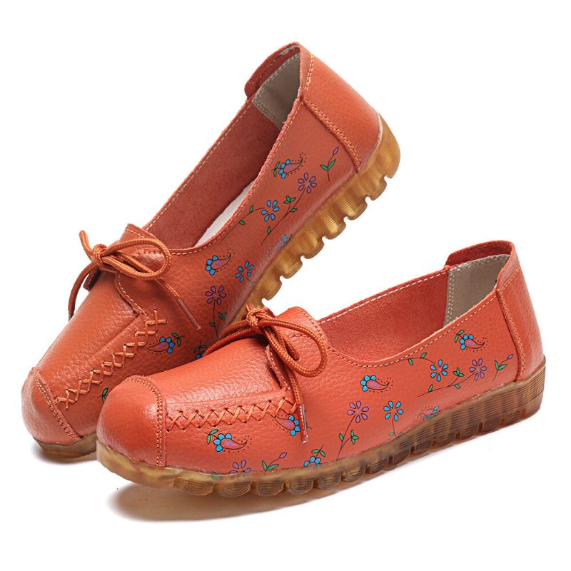 Mujeres Bowknot Flores Impresión Cómodo Antideslizante Suela Suave Casual Mocasines De Cuero