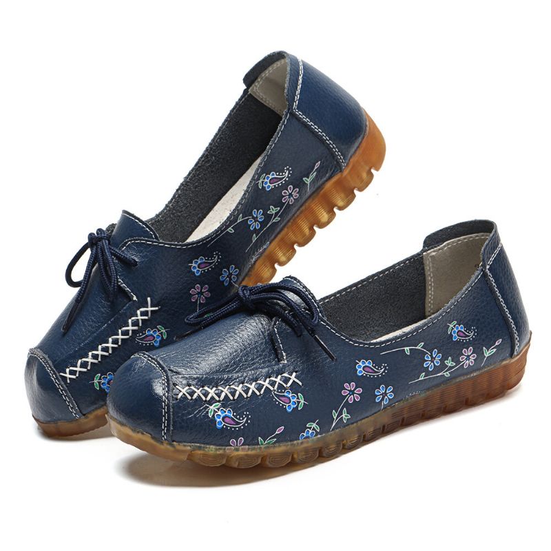 Mujeres Bowknot Flores Impresión Cómodo Antideslizante Suela Suave Casual Mocasines De Cuero