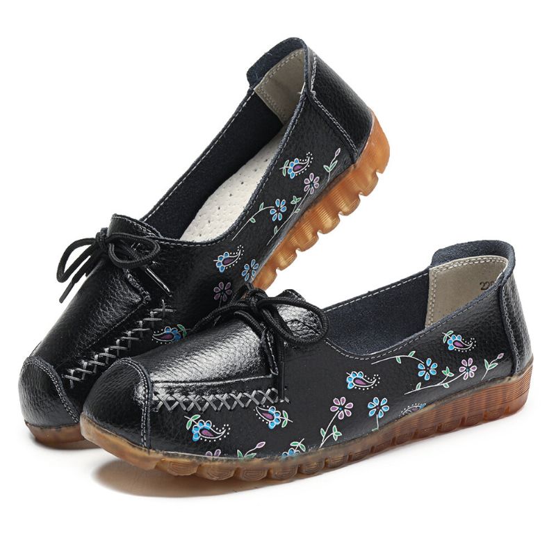 Mujeres Bowknot Flores Impresión Cómodo Antideslizante Suela Suave Casual Mocasines De Cuero