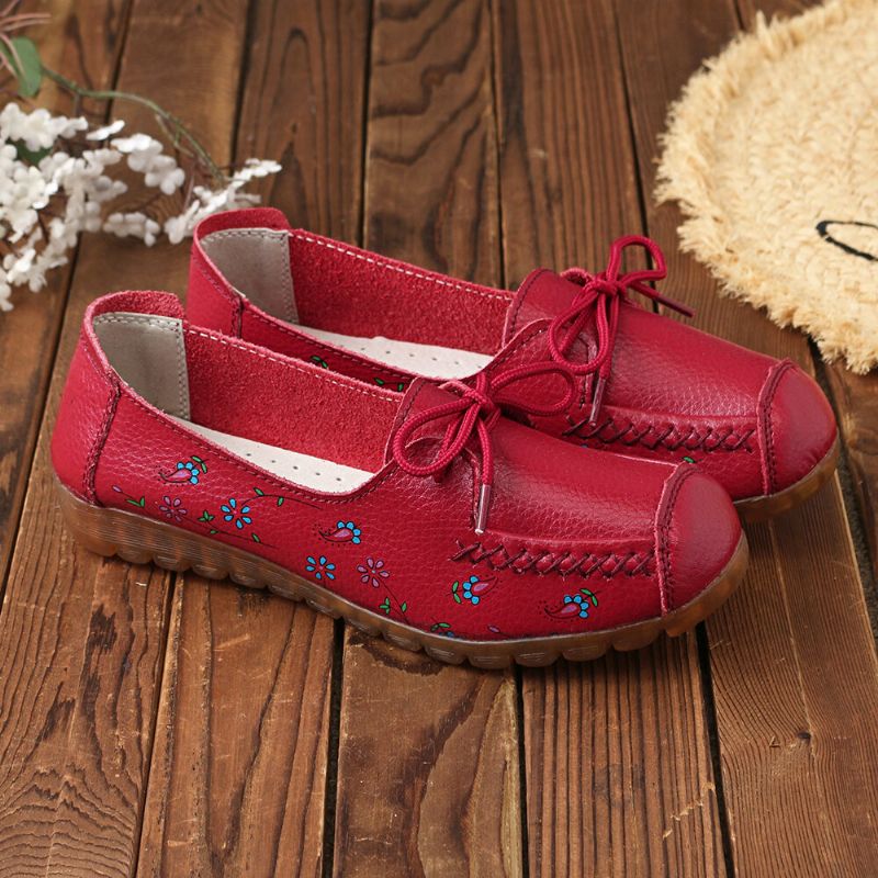 Mujeres Bowknot Flores Impresión Cómodo Antideslizante Suela Suave Casual Mocasines De Cuero