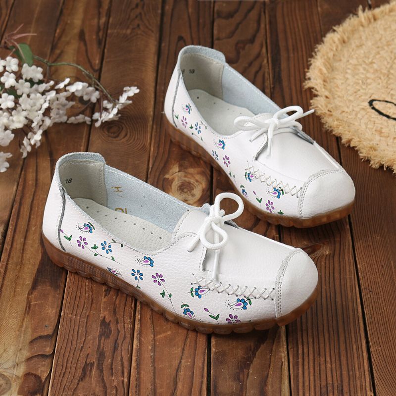 Mujeres Bowknot Flores Impresión Cómodo Antideslizante Suela Suave Casual Mocasines De Cuero