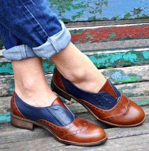 Mujeres Color Empalme Tacón Cuadrado Punta Redonda Brogue Oxfords Mocasines Planos Casuales