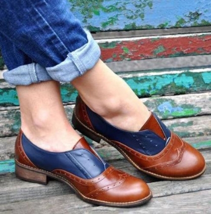 Mujeres Color Empalme Tacón Cuadrado Punta Redonda Brogue Oxfords Mocasines Planos Casuales