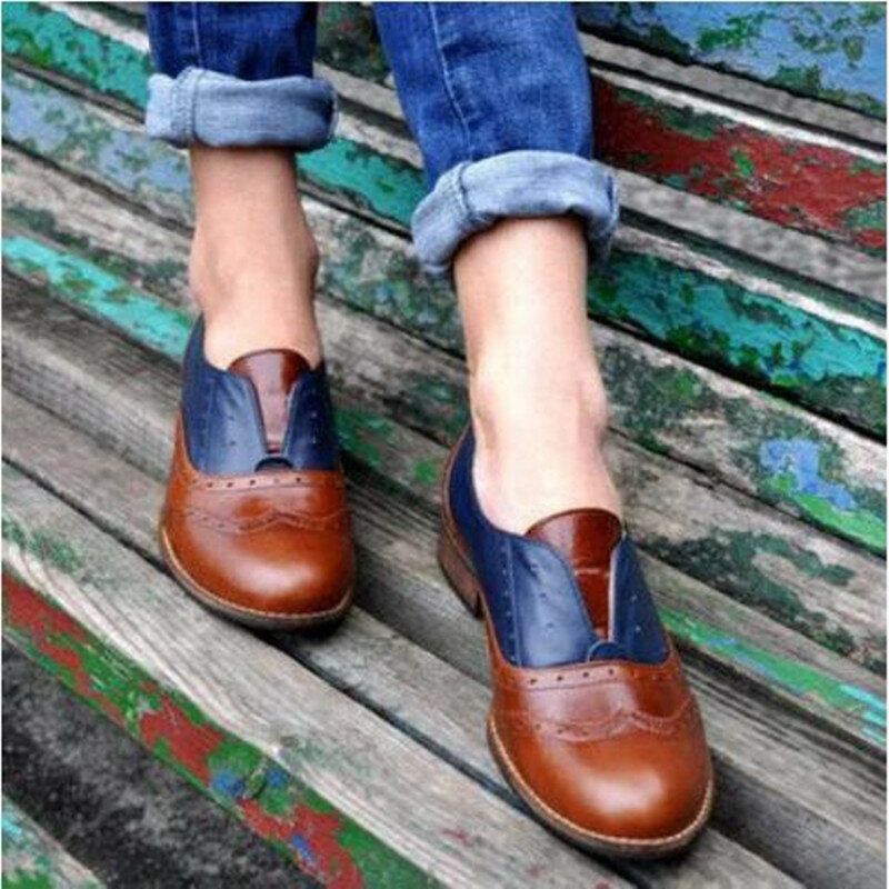 Mujeres Color Empalme Tacón Cuadrado Punta Redonda Brogue Oxfords Mocasines Planos Casuales