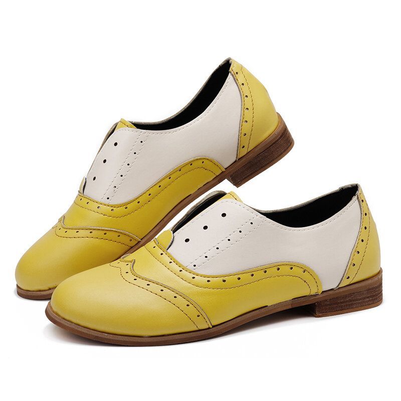 Mujeres Color Empalme Tacón Cuadrado Punta Redonda Brogue Oxfords Mocasines Planos Casuales