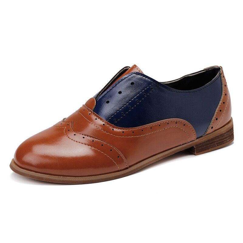 Mujeres Color Empalme Tacón Cuadrado Punta Redonda Brogue Oxfords Mocasines Planos Casuales