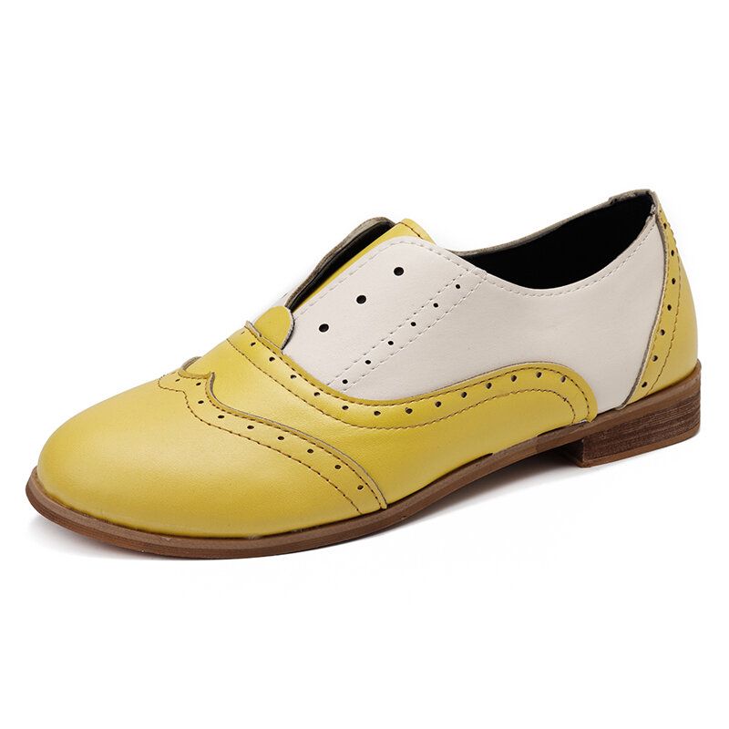 Mujeres Color Empalme Tacón Cuadrado Punta Redonda Brogue Oxfords Mocasines Planos Casuales