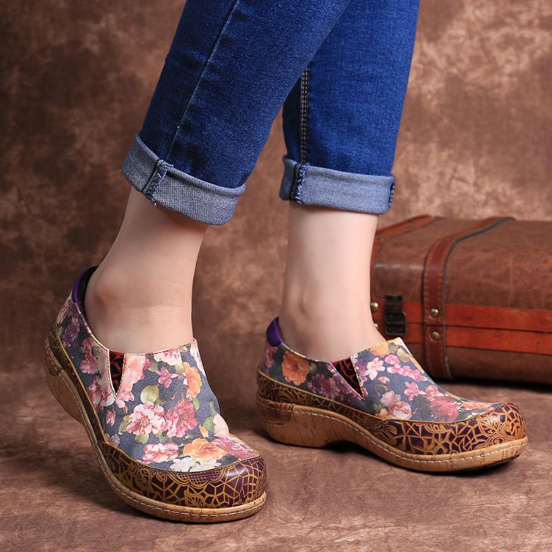 Mujeres Comfy Bloom Flowers Empalme Retro Costura Slip On Flats