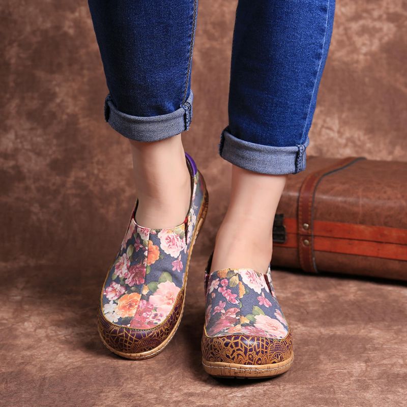 Mujeres Comfy Bloom Flowers Empalme Retro Costura Slip On Flats