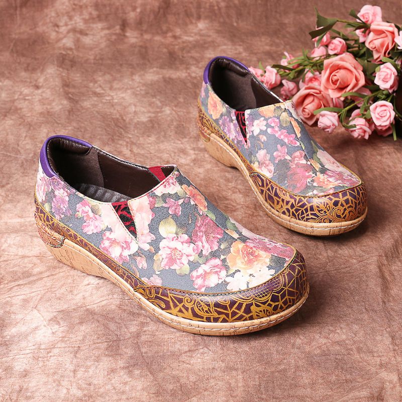 Mujeres Comfy Bloom Flowers Empalme Retro Costura Slip On Flats