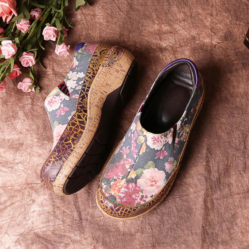 Mujeres Comfy Bloom Flowers Empalme Retro Costura Slip On Flats