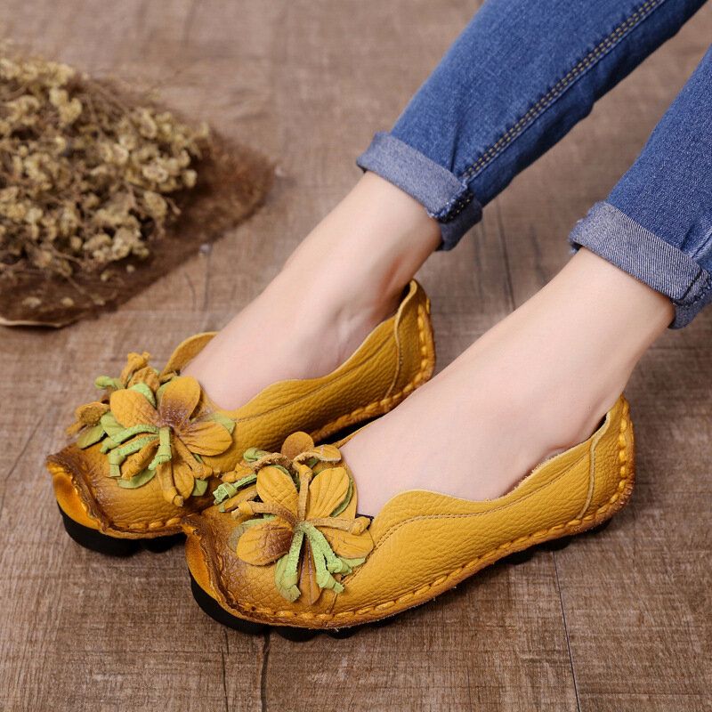 Mujeres De Cuero Genuino Decoración Hecha A Mano Flores Vintage Slip On Flats Mocasines