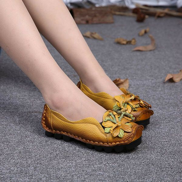 Mujeres De Cuero Genuino Decoración Hecha A Mano Flores Vintage Slip On Flats Mocasines