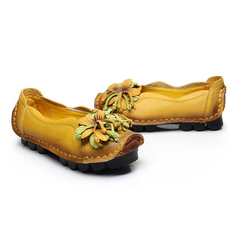 Mujeres De Cuero Genuino Decoración Hecha A Mano Flores Vintage Slip On Flats Mocasines