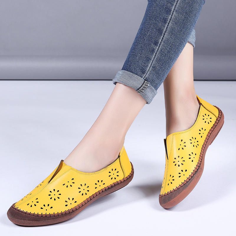 Mujeres De Cuero Genuino Slip On Banda Elástica Transpirable Hollow Out Spring Causal Flats Mocasines