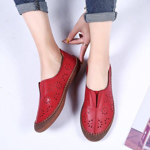 Mujeres De Cuero Genuino Slip On Banda Elástica Transpirable Hollow Out Spring Causal Flats Mocasines