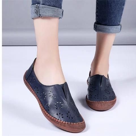 Mujeres De Cuero Genuino Slip On Banda Elástica Transpirable Hollow Out Spring Causal Flats Mocasines