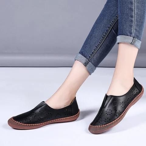 Mujeres De Cuero Genuino Slip On Banda Elástica Transpirable Hollow Out Spring Causal Flats Mocasines