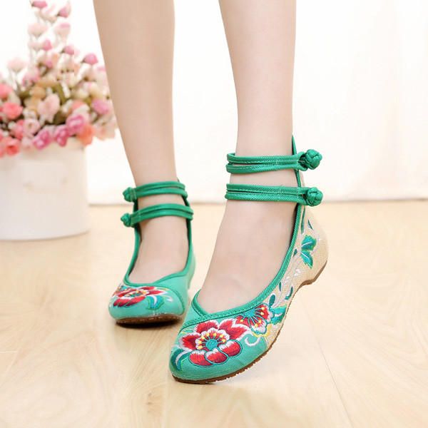 Mujeres De Gran Tamaño Mary Janes Zapatos Planos Con Flores Bordadas Chinas Mocasines De Lino