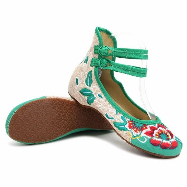 Mujeres De Gran Tamaño Mary Janes Zapatos Planos Con Flores Bordadas Chinas Mocasines De Lino