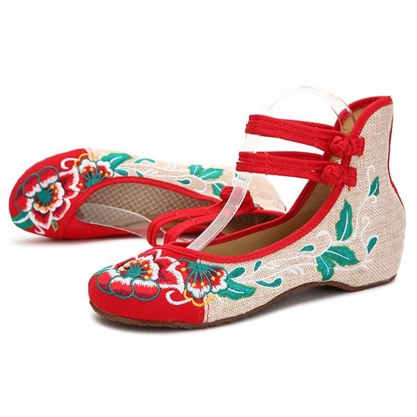 Mujeres De Gran Tamaño Mary Janes Zapatos Planos Con Flores Bordadas Chinas Mocasines De Lino