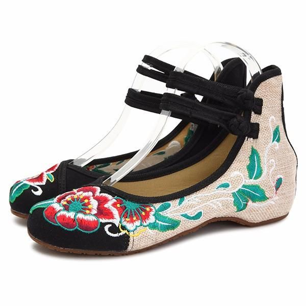 Mujeres De Gran Tamaño Mary Janes Zapatos Planos Con Flores Bordadas Chinas Mocasines De Lino