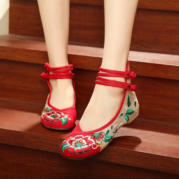 Mujeres De Gran Tamaño Mary Janes Zapatos Planos Con Flores Bordadas Chinas Mocasines De Lino