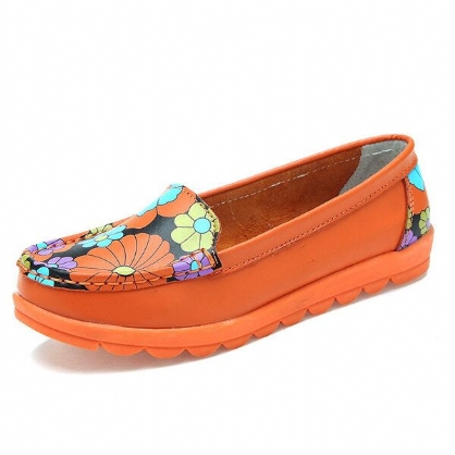 Mujeres Moda Casual Cómodo Suave Transpirable Flor De Cuero Punta Redonda Zapatos Mocasines Planos